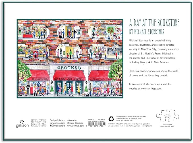 Galison Michael Storrings A Day at The Bookstore 1000 Piece Puzzle from Galison - Beautifully Illustrated Jigsaw Puzzle of a Local Bookstore, 27" x 20" Fun & Challenging, Unique Gift Idea