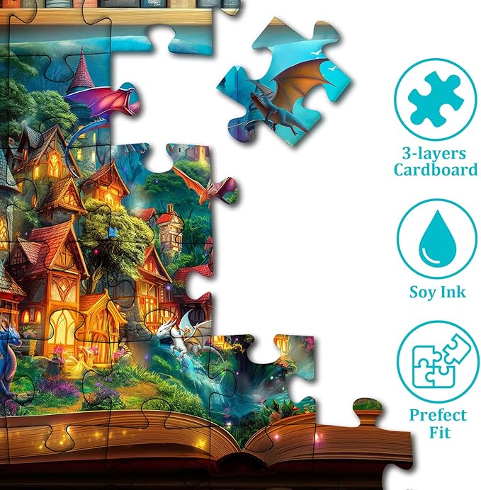 Dragon Puzzle for Adults 1000 Pieces, Magic Library Book Puzzles Nature Forest Animal, Fantasy Dinosaur Jigsaw Puzzle, Impossible Difficult Hard Challenge for Adult
