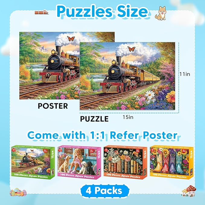 4 Packs 100 Piece Puzzle - Train Girl Vintage Books Boots, 100 Piece Puzzles for Adults Seniors Kids Puzzles for Kids Ages 4-6 6-8 8-10 Educational Jigsaw Puzzle 15"x11"