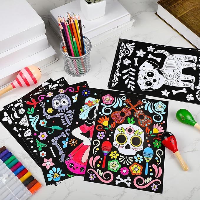 Zhanmai 30 Pcs Color Your Own Funny Day of the Dead Posters DIY Happy Day of the Dead Crafts Bulk Color Your Own Poster DIY Crafts for Party Holiday School Activities