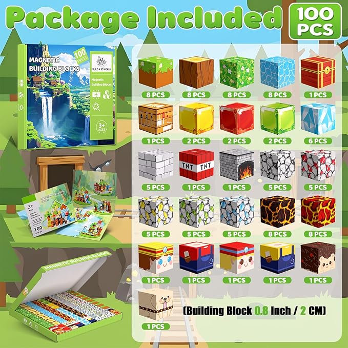 Magnetic Blocks, 100PCS Magnetic Building Blocks, Stacking Magnetic for Kids, Sensory Toy for STEM Constructions Magnetic Blocks for Boys Girls Age 3+, Holiday Birthday Gifts