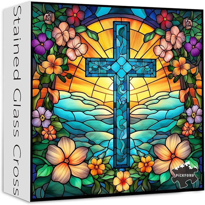 Cross Stained Glass Puzzles for Adults 1000 Pieces and up, PICKFORU Christian Puzzles with Colorful Flower, Religious Puzzle as Home Decor