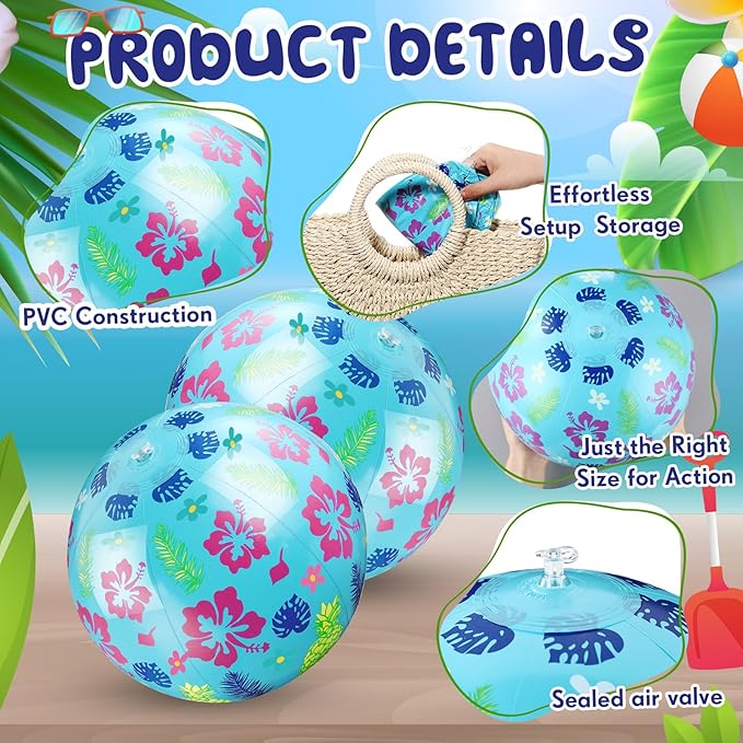 12 Pack Hawaiian Beach Ball 8.5 in Inflatable Beach Balls Bulk for Kids & Adults Cartoon Swimming Pool Toys Pool Party Favors for Birthday Summer Outdoor