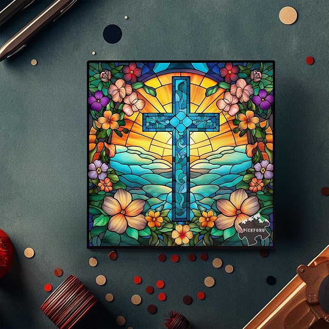 Cross Stained Glass Puzzles for Adults 1000 Pieces and up, PICKFORU Christian Puzzles with Colorful Flower, Religious Puzzle as Home Decor