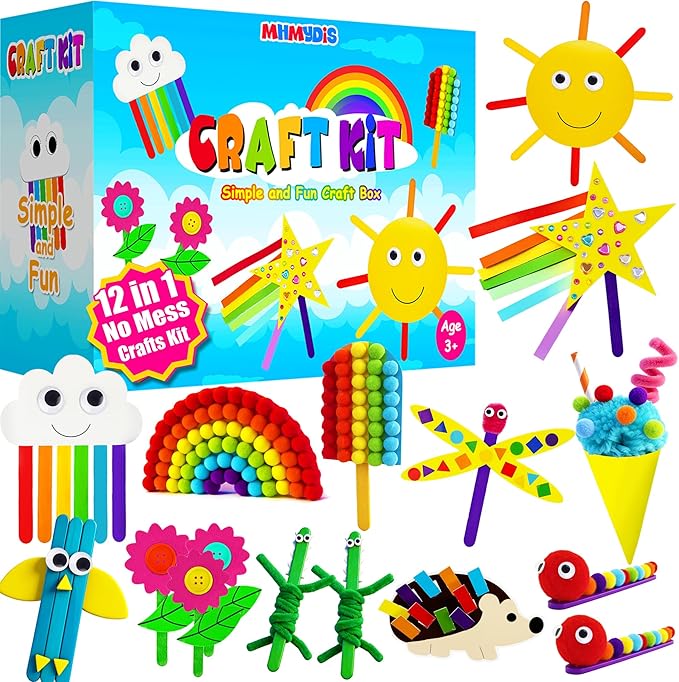MHMYDIS First Craft Kit for Kids - 12 in 1 No Mess Creative Arts and Crafts kit for Kids Ages 4-8 - Toddler Crafts Kit Supplies - Gifts for Girls and Boys 3 4 5 6 7 8 Year Old