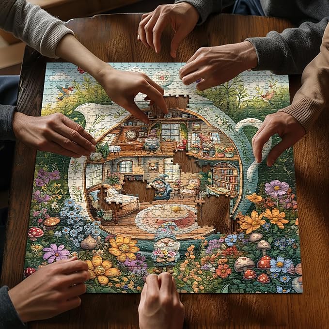 PICKFORU Funny Gnome Puzzles for Adults 1000 Pieces, Flower Garden Nature Plant Butterfly Bird Themed, Tea Cup Flower Art Challenge Jigsaw Puzzle