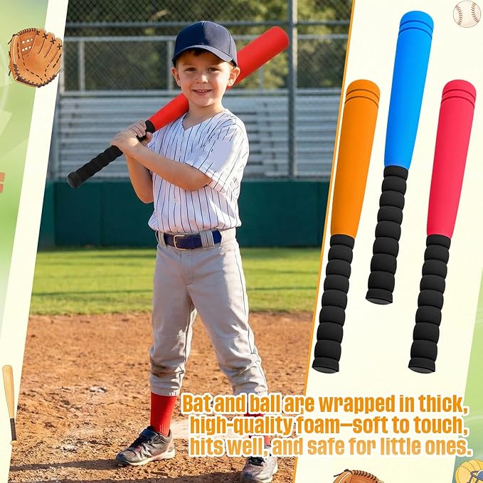 Wettarn 4 Pcs 16.5" Foam Baseball Bat with Balls Kids Soft Mini Foam Baseballs T Ball Bat Gift Set for Outdoor Indoor Sport Game Beginners Practice Playing Training (Red, Blue, Orange)