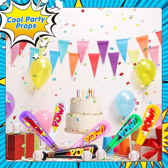 Seematn 18 Sets Inflatable Baseball Bats and Baseballs Set Includes 17 Inch Pow Inflatable Baseball Bats and 2.5 Inch Mini Foam Baseballs for Sports Party Favor Carnival Birthday (Fresh Color)
