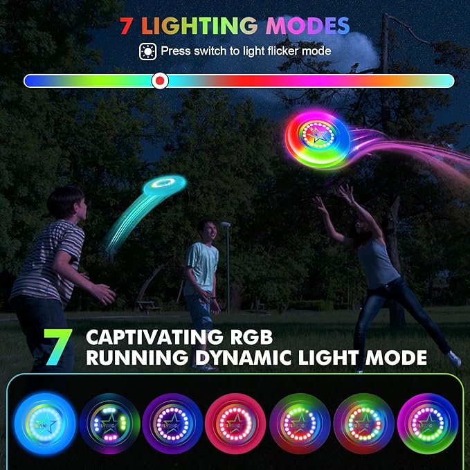 Light Up Flying Disc Toy Kids, Adults, Teens – 7 Glow in the Dark Modes, 22 Bright LEDs, Rechargeable, Outdoor Flying Sport Disc for Night Games, Family Fun, Beach, Park, Camping