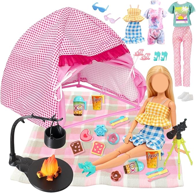 35 Pcs Travel Camping Tent Playset for Girl Dolls, 1 Tent 1 Picnic Mat 1 Telescope 20 Pcs Campfire and Food Sets 3 Outfits 3 Shoes 2 Glasses, Camping Accessories for 11.5 inch Doll