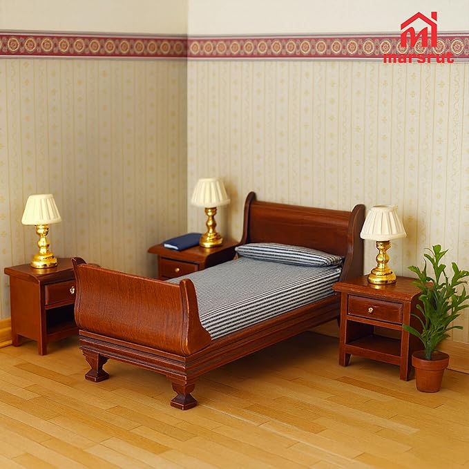 1:12 Scale Doll House Miniature Single Bed with Bedding Fabric & Pillow, Wooden Vintage Victorian European Style Bedroom Furniture Decor Christmas Accessories, Mini Sleigh Bed for 6 Inch Dolls