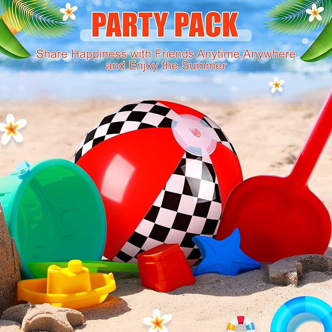 12 Pack Black and White Checkered Flag Themed Beach Ball for Kids 7.87" Bulk for Summer Pool and Beach Game Gifts Race Car Birthday Party Supplies and End of The Year Class Decorations Favor