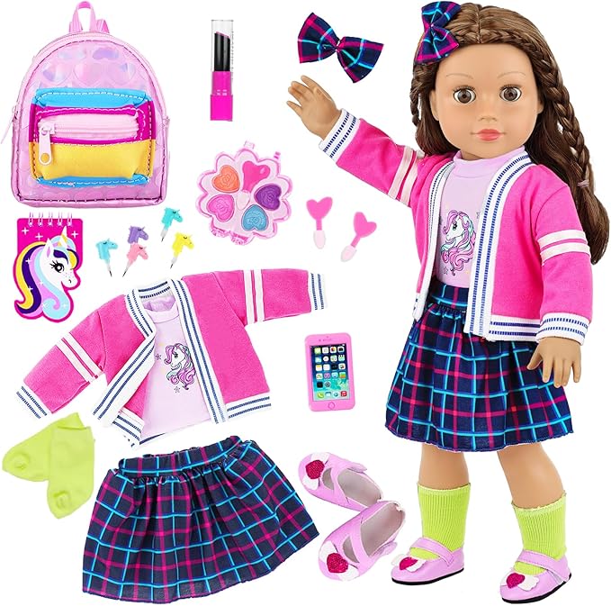 K.T. Fancy American 18 Inch Doll British Style Fashion Set 14 PCS Clothes & Accessory Collection with School Bag, Unicorn Stationery,Makeup Tools for 18" Dolls