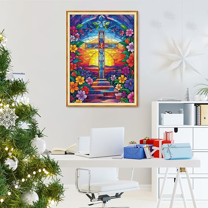 Puzzles for Adults 500 Pieces,Cross Stained Glass Puzzles for Adults,Christian Puzzles & Colorful Flower Jigsaw Puzzle for Seniors,Religious Puzzle as Home Decor Puzzle,Holiday Party Gifts,20.5x15 in