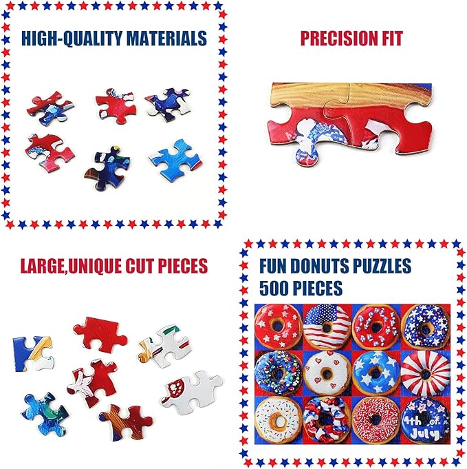 Patriotic Donuts 500 Piece Puzzles for Adults - American Flag Theme, with Vibrant Red, White & Blue Artwork Puzzle for Family Game Night & Home Decor