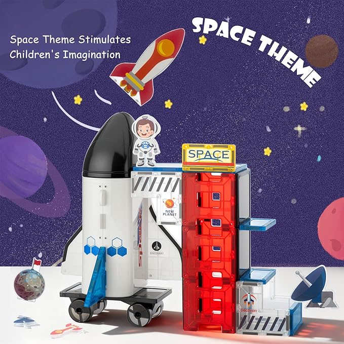 Space Magnetic Tiles for Kids, 30 Piece STEM Magnetic Building Blocks Set, Rocket Ship Space Station Educational Construction Toy with Astronaut Figure for Boys Girls Ages 3-8