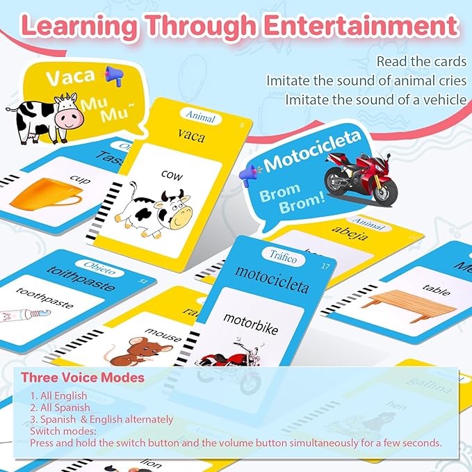 Spanish & English Talking Flash Cards for Toddler, Learning Montessori Toys with 224 Sight Words, Speech Therapy Toys, Children's Sensory Preschool Learning Educational Birthday