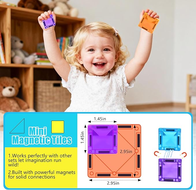 56PCS Mini Magnetic Tiles, Portable Magnetic Toy Travel Set for Kids, Includes Iron Storage Box, Puzzle Toy for Boys and Girls Ages 3+, Creative Building Toy Set, Holiday