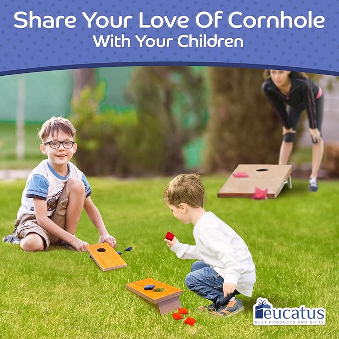 Super Fun MINI Kids Portable Tabletop Cornhole Set. Two 10.5" x 5.25" Boards with 4 Red & 4 Blue Double Lined Bags. Great Slumber Party, Sleepover, or Birthday Party Bag Toss Game for Your Child