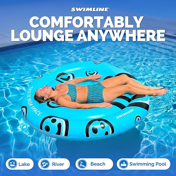 SWIMLINE Original 90510 Sprout Society Smiley Island Pool Float for Adults Kids 63 Inch Inflatable Floating Lounger Mat for Pool Lake Ocean | Mental Health Org Collaboration Float for A Good Cause