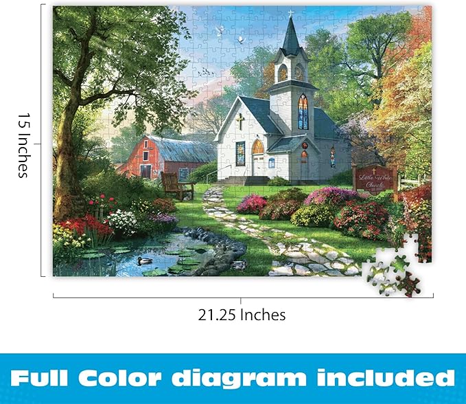 Buffalo Games – Little White Chapel Jigsaw Puzzle, 500 Piece Puzzle for Adults, Peaceful Church Landscape Art by Dominic Davison