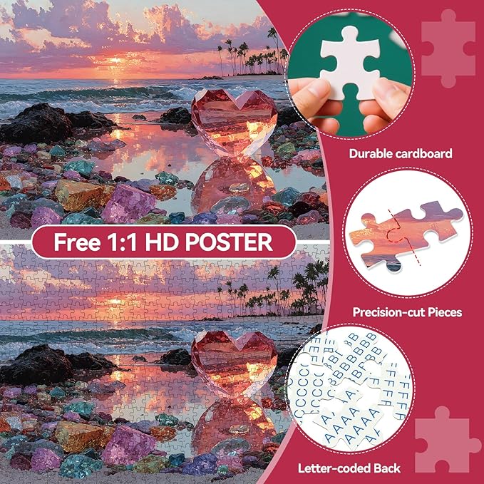 500 Piece Jigsaw Puzzle for Adults – Beach Glass Heart Jigsaw Puzzles 500 Pieces, Sunset Ocean Heart-Shaped Puzzles for Adults 500 Pieces, Challenging Perfect for Game Nights, 20.5 X 15 in