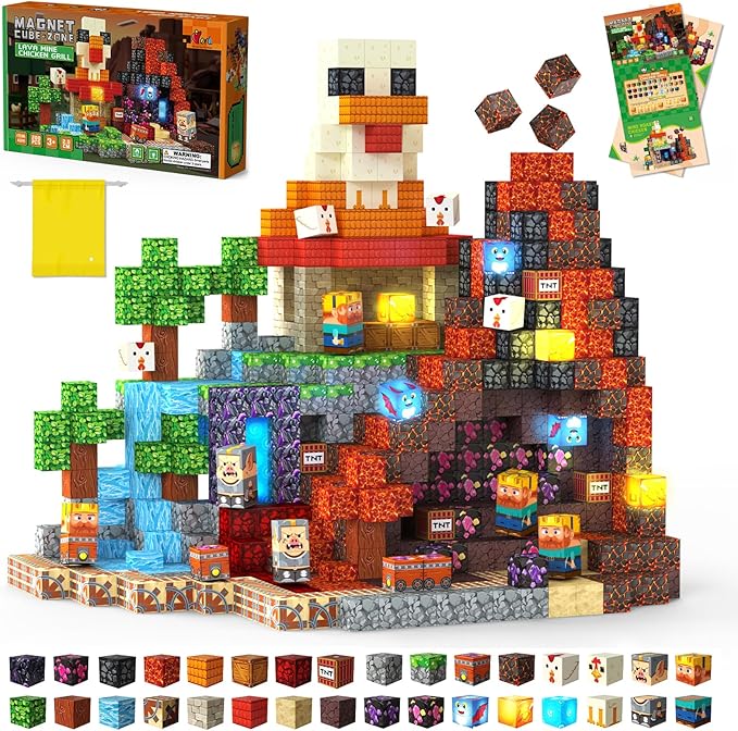 200PCS Magnetic Building Blocks Magnetic Blocks Cubes for Kids Ages 4-8 STEM Constructions Magnet Blocks Sensory Stacking Toy (Lava Grill Chicken-200pcs)
