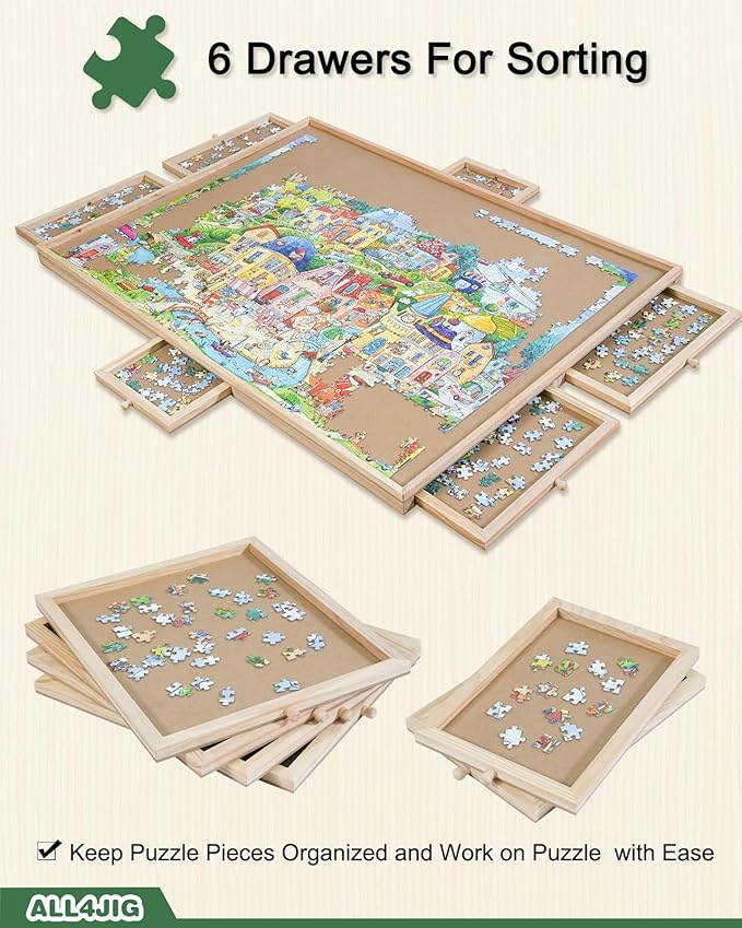 ALL4JIG 1500 Pieces Rotating Puzzle Board with 6 Drawers and Cover,25"x34"Portable Wooden Jigsaw Puzzle Table for Adults,Lazy Susan Spinning Puzzle Boards Birthday Gift for mom