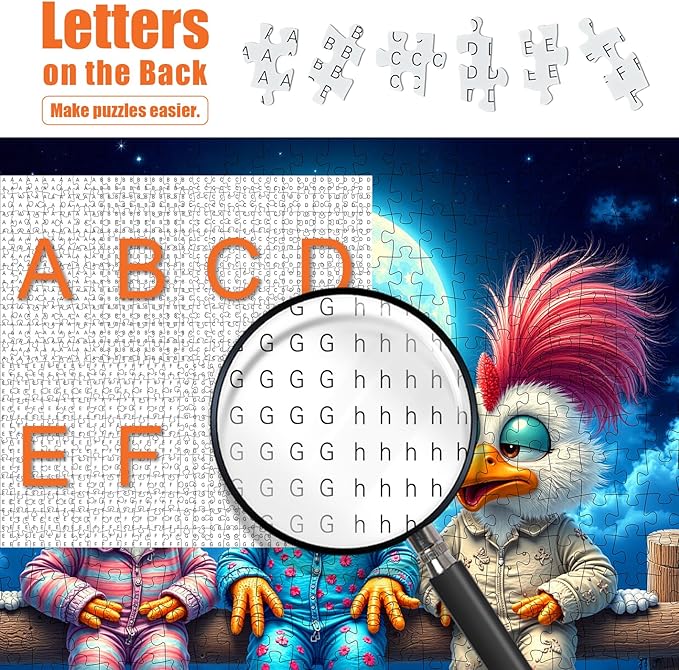 Chicken Puzzles for Adults 500 Pieces - Funny Colorful Chickens Jigsaw Puzzle, Chicken Under the Moon Art Puzzle with Letters on Back, Cute Cartoon Animal Puzzles as Thanksgiving Home Decor