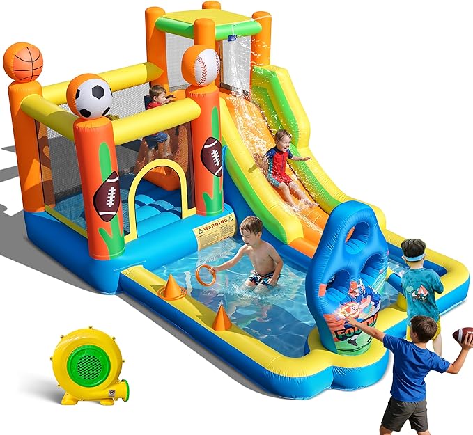 TOAOB Inflatable Water Slide for Kids 3-12: Blow Up Bounce House Backyard Water Park with 480W Blower- 9 in 1 Football-Themed for Outdoor Birthday Party