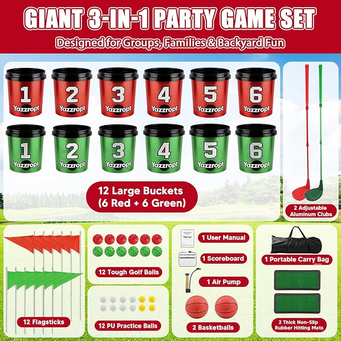 Giant 3-in-1 Outdoor Backyard Party Game Set – Bucket Golf, Yard Pong Basketball & Toss Games – Large Outdoor/Indoor Lawn Games for Adults & Families, Beach & Camping