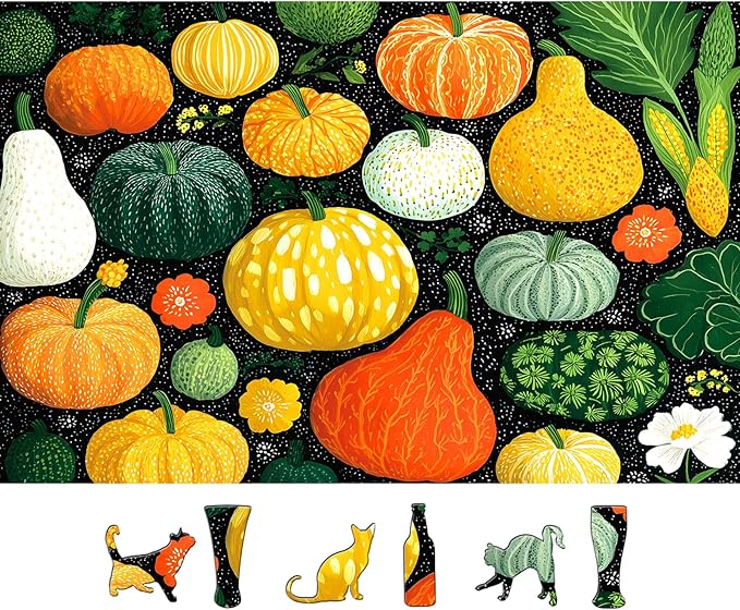 500 Piece Puzzle for Adult Colorful Pumpkins, Gourds & Autumn Squash Fall Vegetables Jigsaw Puzzle- Floral Elements (Flowers/Leaves) Harvest Game, Thick Cardboard, Ideal Gift for Adults