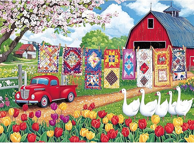 300 Piece Jigsaw Puzzle for Adults – Spring Farmyard Delight with Quilts & Tulips– Challenging and Relaxing Puzzle for Game Nights, Gifts & Home Décor (20.5" × 15")
