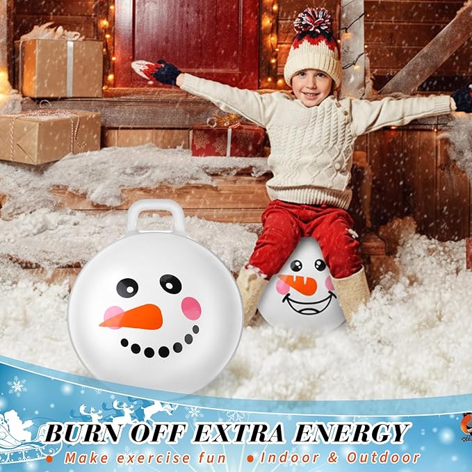 Sratte 6pcs 18 Inch Bouncy Hopper Ball with Handle Snowman Face White Christmas Bouncing Balls Hopping Toys Inflatable Jumping Toy for Sport Boys Girls Gifts Winter Party Favors