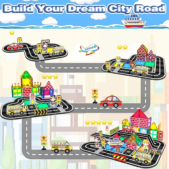 Magnetic Tiles Road Set 100Pcs- Magnetic Building Blocks for Kids Ages 3-5 and 4-8, Preschool STEM Sensory Toys for Toddlers 3-5, Educational Construction Gift for Boys & Girls Birthday Christmas