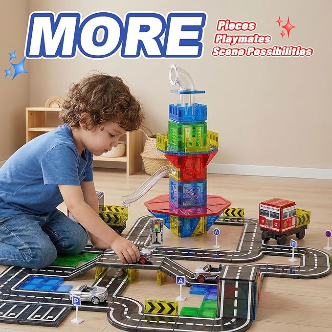 150PCS Magnetic Tiles Road Set with Marble Run, Preschool Magnet Tiles Included Magnetic Cars. STEM Magnetic Tiles for Kids, Preschool Educational Building Toys for Boys & Girls