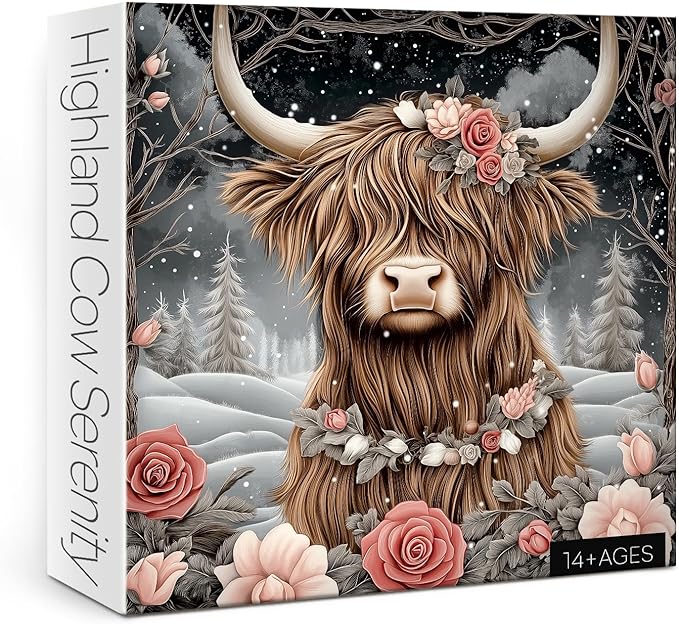 Art Highland Cow Snow Jigsaw Puzzle 1000 Piece for Adult, Animal Flower Plant Winter Jigsaw Puzzles, Difficult Aesthetic Pretty Challenging Puzzle