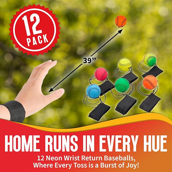 Playbees Wrist Baseballs Neon Reactive - 12 Pack - Practice Sports Balls for Fun Outdoor Activity for Kids - Spring Training, Party Favor, Baseball Season Gift, Sports Team Party Bag Filler