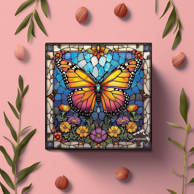 Butterfly Puzzles for Adults 1000 Pieces and up, Stained Glass Puzzle with Butterfly Flowers, PICKFORU Colorful Wall Art Puzzles as Home Decor