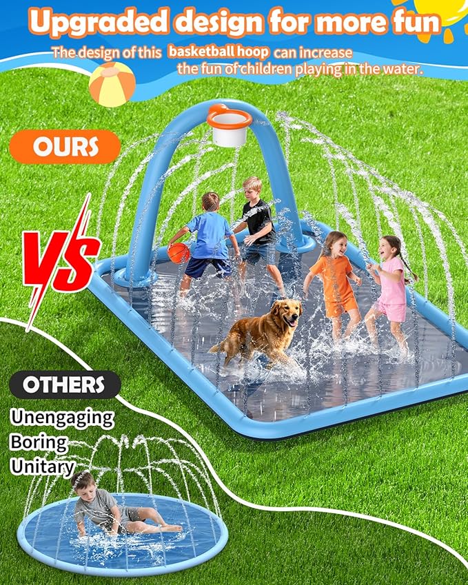 Splash Pad for Kids & Dogs, 102x87'' Large Sprinkler Pad Water Toys with Basketball Hoop, Thickened Non-Slip Splash Mat, Foldable Play Pool & Outdoor Summer Toys Ages 4-12 (110" Splash Pad)