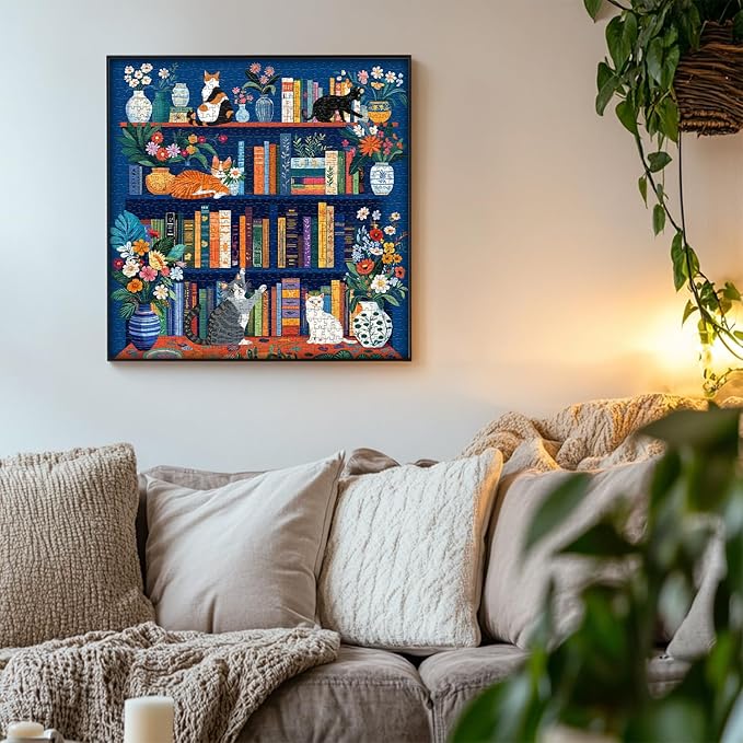 Cat Book Puzzles for Adults 1000 Pieces, PICKFORU Wildflower Pages Jigsaw Puzzle Bookshelf Library, Impossible Hard Floral Vase Theme for Book Lover