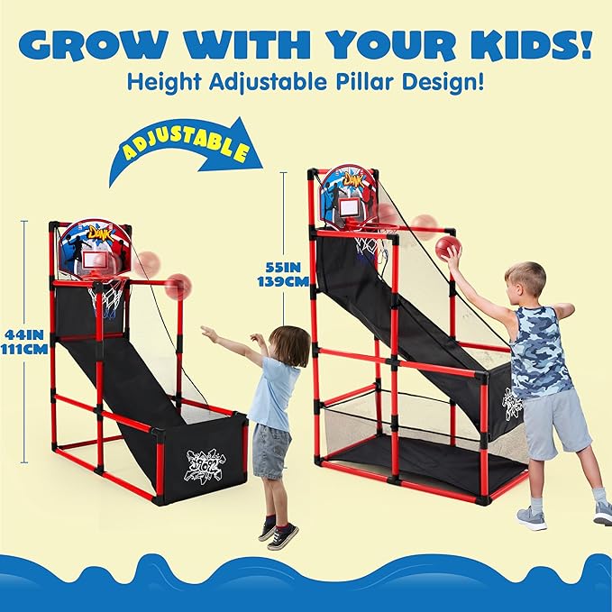 JOYIN Red Arcade Basketball Game Set, Indoor Basketball Hoop for Kids 3 to 12 Years Old, Easy Set Up Sports Toy with 4 Balls, Gifts for Boys and Girls