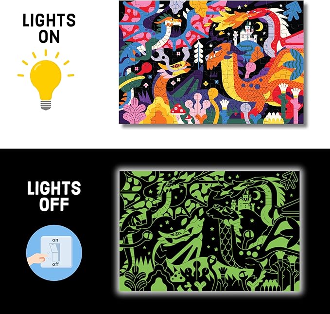 Mudpuppy Dragons – 100 Piece Glow in The Dark Jigsaw Puzzle with a Fantastical Scene of Fire Breathing Dragons and Hidden Medieval Details in The Dark
