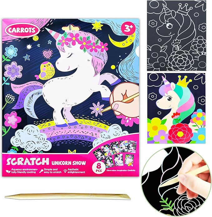 JUNQIU Scratch Art for Kids, Unicorns Black Rainbow Scratch Art Paper Set-Arts and Crafts & Supplies, DIY Activity & Party Games, Gifts for Toddlers, Girls & Boys Ages 3, 4, 5, 6, 7, 8