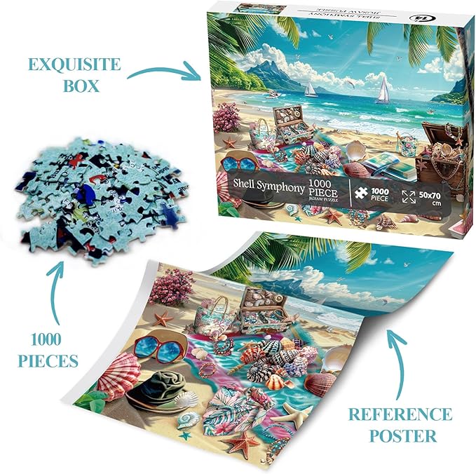 Summer Beach Seashell Puzzle Collection for Adults 1000 Piece, Hawaii Nature Scenery Jigsaw Puzzle Sea, Colorful Ocean Camping Puzzle