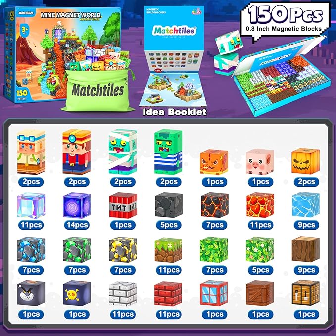150 PCS Magnetic Blocks Toys, Build Mine Magnet World Set, Magnetic Tiles Building for Boys & Girls Age 4-8 5-7, STEM Montessori Sensory Toys for Toddlers Kids Gifts