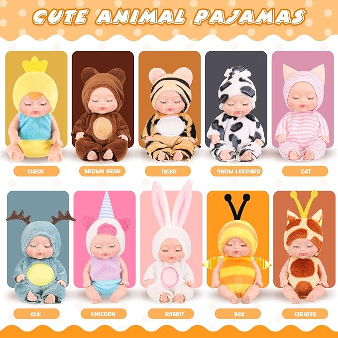 Retrowavy 10 Pcs 4 Inch Mini Baby Dolls Realistic Tiny Baby Doll Animal Clothes Cute Infant Figurine Gifts Set with 10 Pcs Nursing Bottles for Boys Girls Toddlers Kids 3+ Birthday Gift Big Fillers