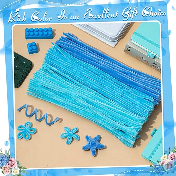 Peryiter 500 Pieces Pipe Cleaners Chenille Stems for Flowers Craft Supplies Bulk Fluffy Fuzzy Sticks for DIY Art Projects Creative Gift Wrapping Party Decorations(Blue,12 Inch)