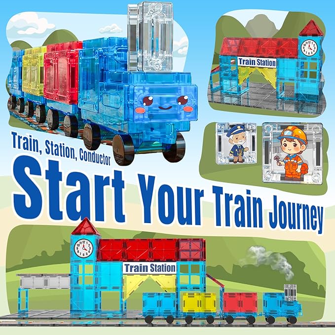 Magnetic Tiles Train Toys, Train Station Magnet Tiles for Kids Ages 4-8 with Magnetic Tiles Cars, Preschool Classroom Educations STEM Learning Montessori Toys Gifts for Toddler Boys and Girls
