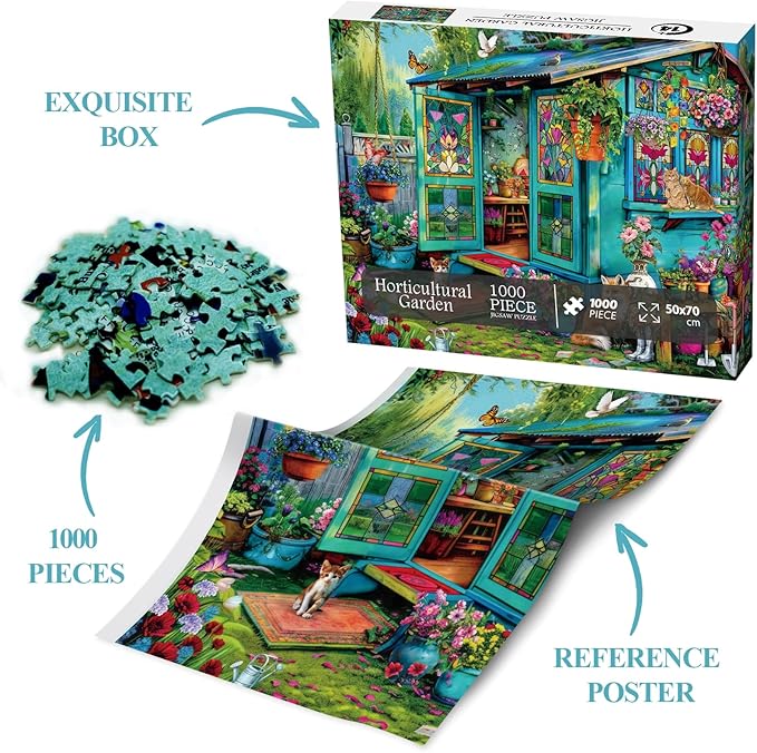 Garden Flower Puzzle 1000 Piece for Adults, Plant Gardening Jigsaw Puzzles, Spring Bird Cat Puzzle